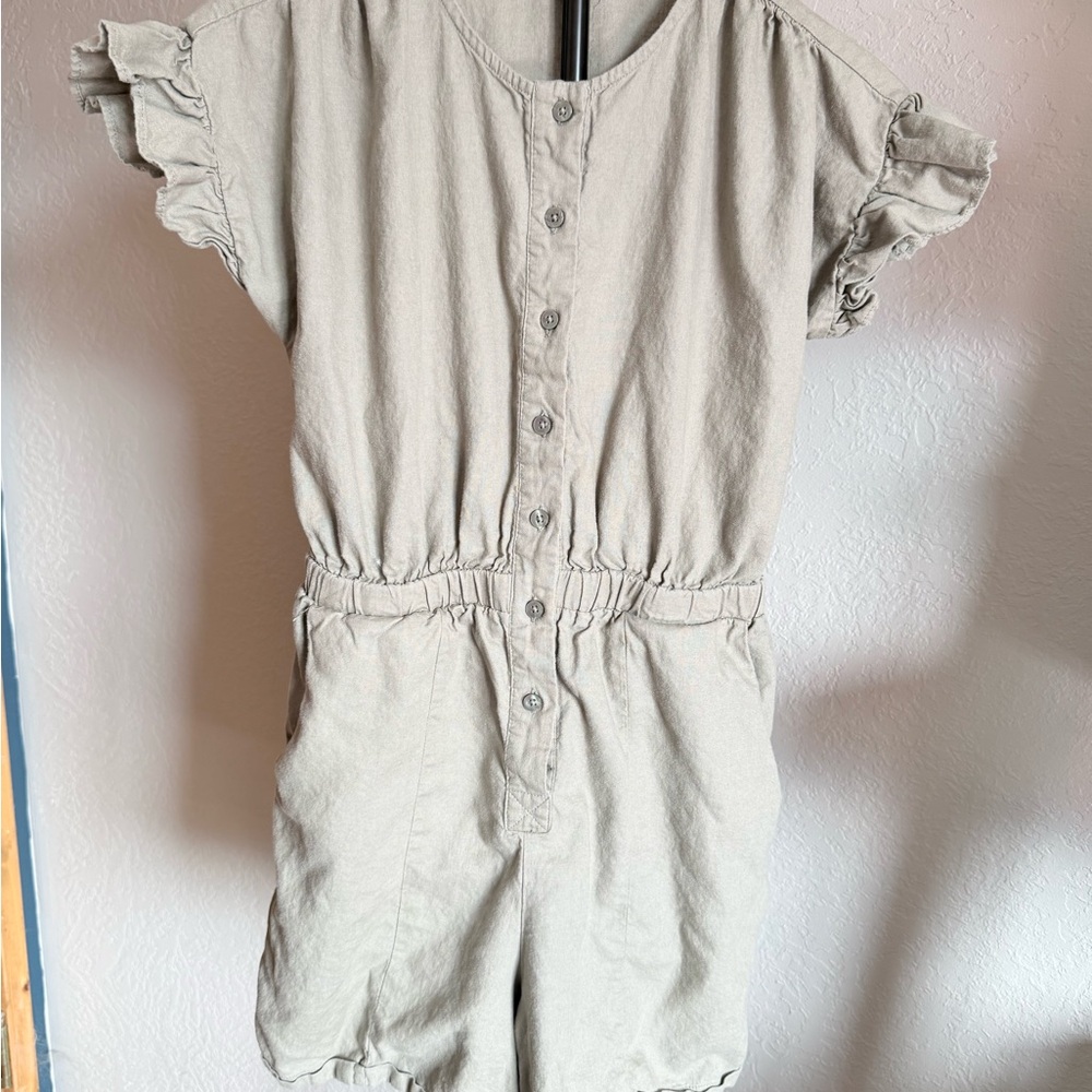 Maurices Linen Blend Romper XS Neutral Light Green Ruffle Sleeve Button Front